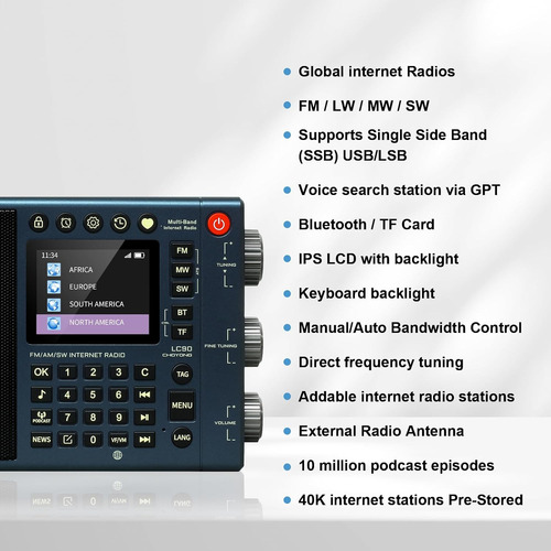 Radio Internet Lc90 Am Fm Sw Ssb Bluetooth Microsd Azul