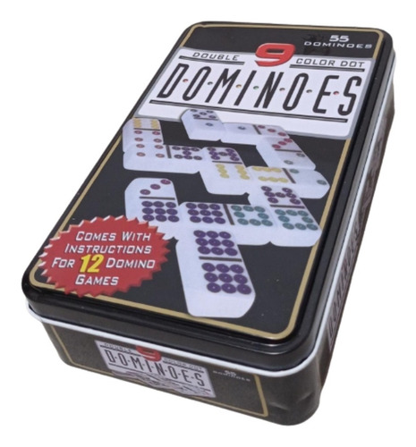 Juego Dominó 55 Fichas En Color Doble 9 Mesa Caja Metálica