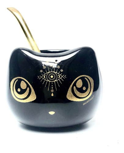 Mate Gato Negro Lunar Con Forma Diseño Acabajo Color Oro