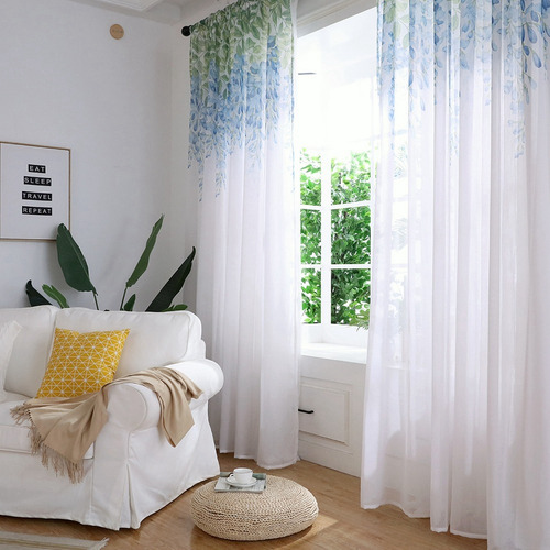 Valance De Voile Polyester Para Ventana, Dormitorio O Sala Azul