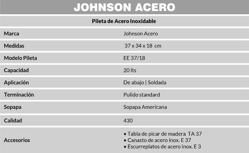 Imagen 3 de 6 de Pileta Bacha Cocina Johnson Acero Ee37/18