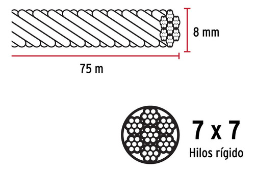 Cable Rígido5/16' De Acero 7x7 Hilos Carrete 75 M