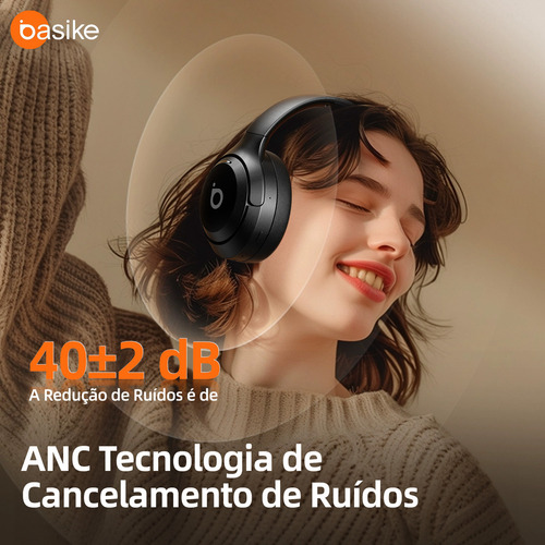Fone de Ouvido pretosem Fio Bluetooth 5.4 Premium anc Hifi Redução de Ruído Ativo-bateria de 40 Horas de Duração fone de Ouvido Bluetooth Corrida Regulável fone de Ouvido Bluetooth Basike