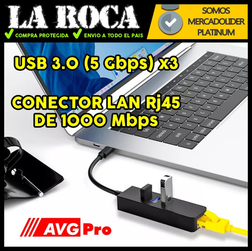 Imagen 5 de 10 de Hub Adaptador Usb C 4 En 1 Macbook Air Pro 3 Usb Rj45 Cuo