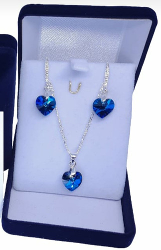 Aros Y Cadena De Plata 925 Y Cristal Europeo Corazon Azul  