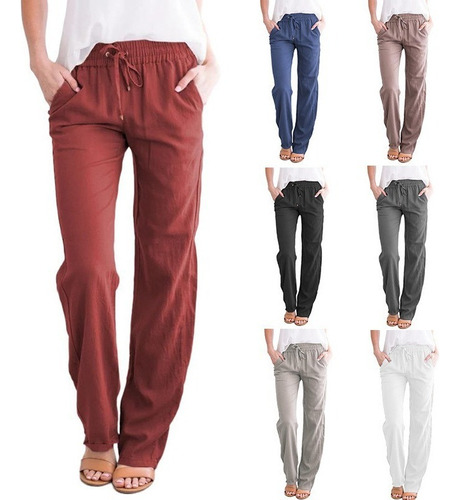 Pantalones Anchos De Lino Y Algodón Con Cordón Para Mujer