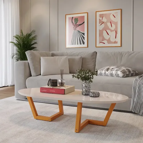 Mesa De Centro Lateral Apoio Sala ​Oval Pé Madeira Decorativa Off White