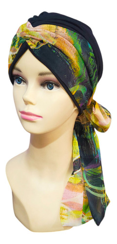 Turbante Oncológico Para Mujer De Algodón C/ Banda Mascada Color Negro Amarillo Multicolores