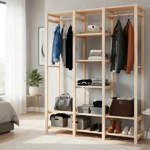 Guarda Roupa Closet Estante Arara Cabideiro Madeira Natural