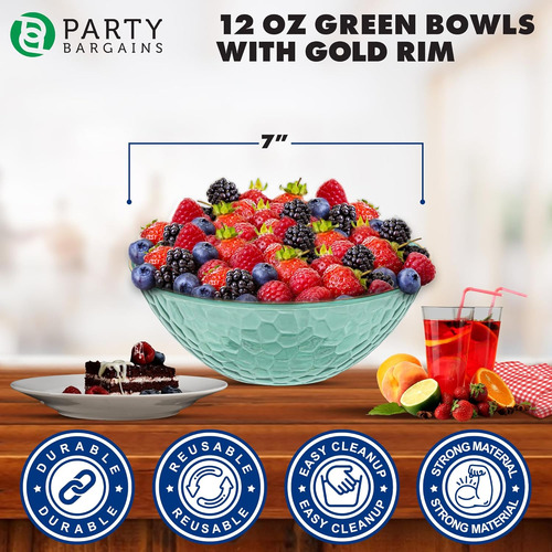 Cuencos Plásticos 12oz, Verdes Transp. Con Borde Dorado (x10