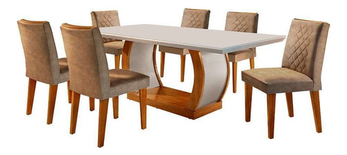Conjunto De Mesa De Jantar Com Tampo De Vidro E 6 Cadeira... Cor Marrom