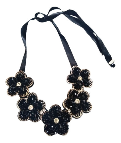 Collar Flores Mostacillas Negras Estras Con Cinta Regulable