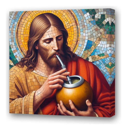 Cuadro 20x20cm Jesus Tomando Mate Calabaza Desayuno