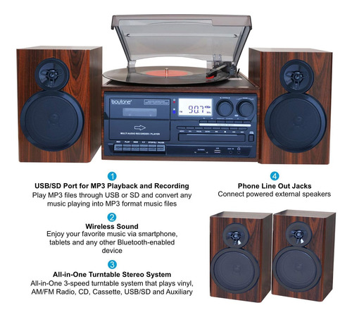 Boytone Bt-28mb, Bluetooth Classic Style Playtable Con 2 De