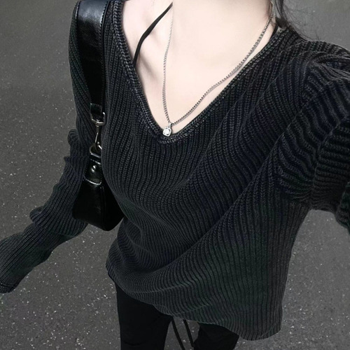 Suéter De Punto Holgado Con Cuello En V Para Mujer