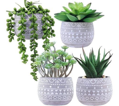  4 Plantas Suculentas Artificiales Con Macetas De Ceramica.