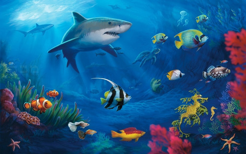 Papel Parede Adesivo Vinilico Mar Azul Tubarão Peixe 260x280