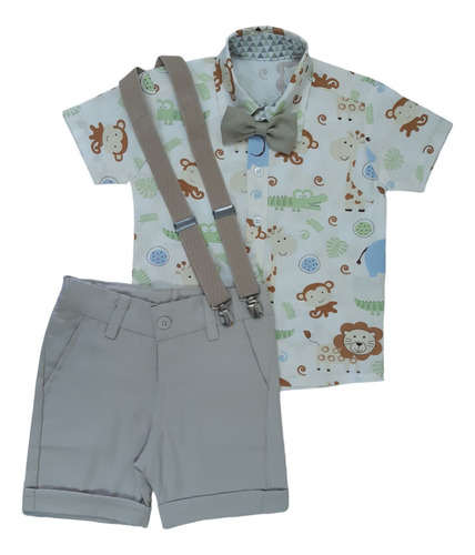 Roupa Festa Menino Safari Camisa Social Infantil Manga Curta