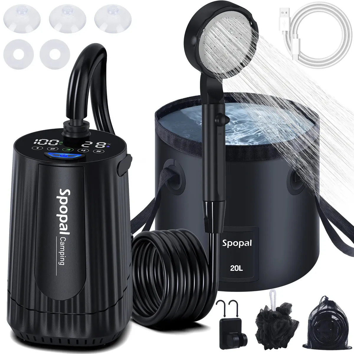 Chuveiro Portátil Spopal com Balde Dobrável de 20 L e Bateria 10000 mAh
