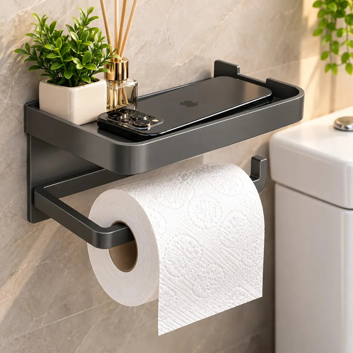 Suporte Porta Papel Higiênico Adesivo Parede Banheiro Com Prateleira Porta Celular Sem Furo Organizador 2 em 1 Cinza