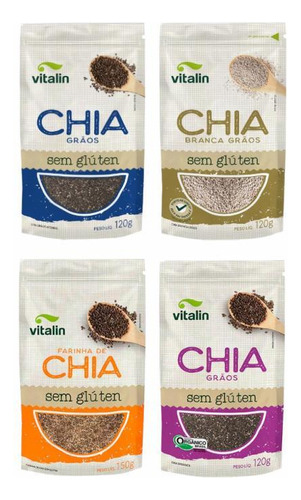 Kit 4 Chia Vitalin: Grãos Preta, Grãos Branca, Farinha