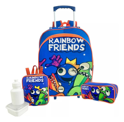 Kit Mochila Azul Babão Rainbow Friends Meninos Rodinha Tam G