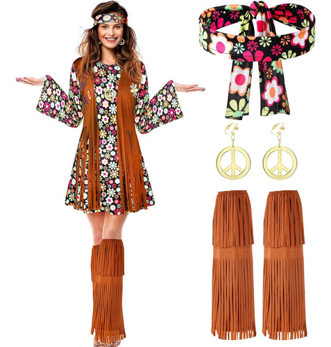 Satinior - Conjunto De Disfraz De Hippie Para Mujer, Aretes 