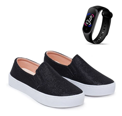 Kit Tênis Casual Feminino Legítimo Slip On Glitter + Relógio