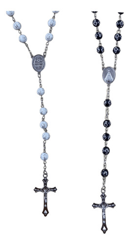 2 Terço Colar Nossa Senhora Com Crucifixo Preto + Branco
