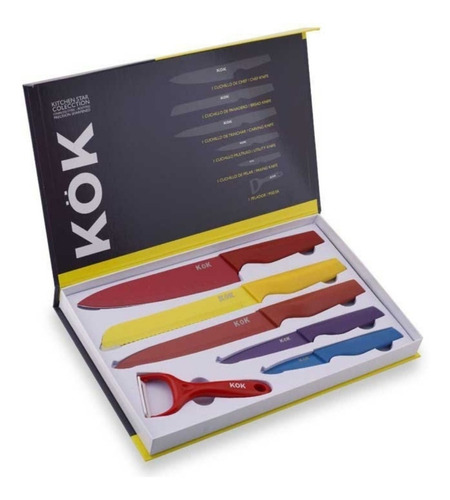 Set Estuche 6 Cuchillos Cocineros Colores Kok