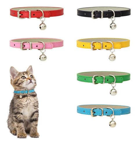 Collar De Piel Para Gatos Con Campana, Collares Ajustables P