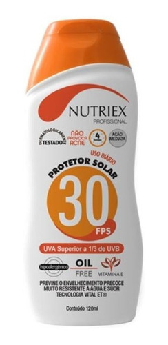 Protetor Bloqueador Solar Fps 30 Bisnaga Com 120 Ml Nutriex