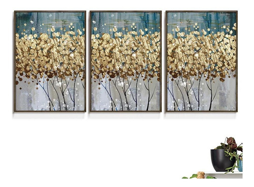 Quadro Decorativo Botânico Abstrato Dourado Gold Folhas Sala