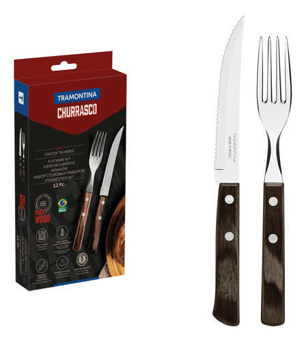 Juego De Cubiertos Tramontina 12 Pz Polywood Mango De Madera