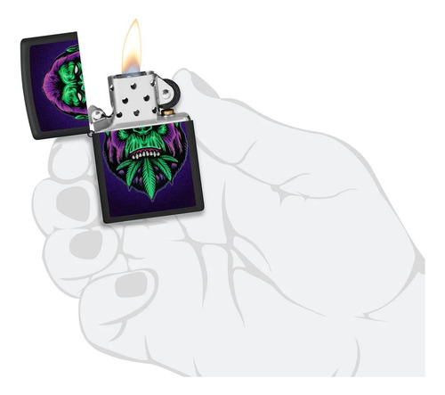 Encendedor Zippo Negro Diseño Gorila Con Hoja De Cannabis