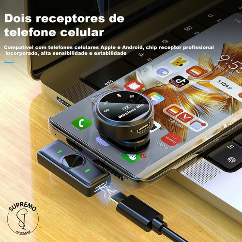 Microfone Lapela Xiaomi J6 Sem Fio Com Adaptador Lightning Preto