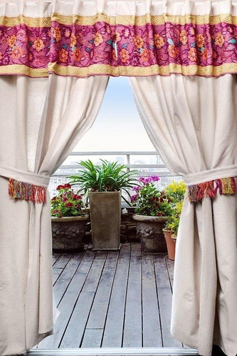 Imagen 2 de 7 de Cortinas Tela Living Rusticas Faldon + Agarraderas Azteca Dina Gerade