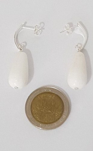 Aros Jade Blanco Natural Facetado En Barrita Curva Plata 925