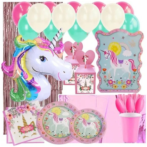 Set Decoración Fiesta + Globos + Piñata Motivo Unicornio Mp