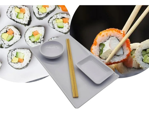 Set Para Sushi Melamina Blanco 3 Piezas Plato + 2 Dips Soja 