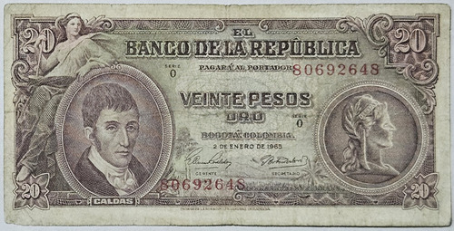 Billete 20 Pesos 02/ene/1965 Colombia F-vf