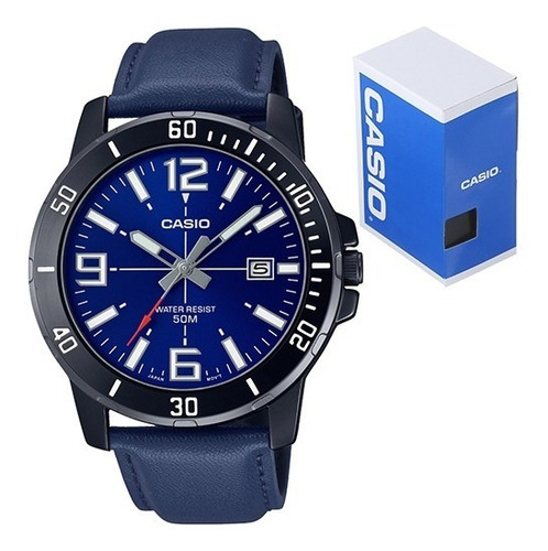 Reloj Casio Mtp Vd01bl Correa Piel Azul Acero Pavonado 50m