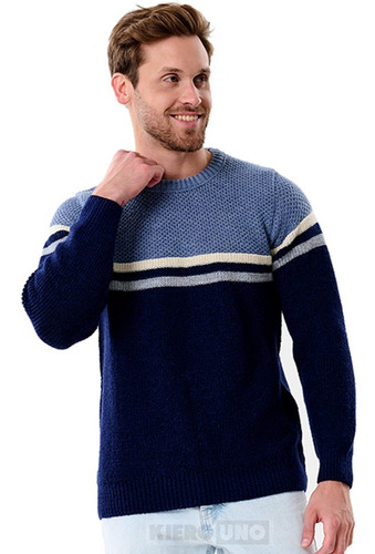 Imagen 1 de 7 de Sweater Hombre Pullover Lana Cuello Redondo Rayas Perlé
