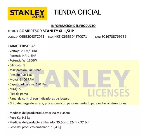 Compresor de aire mini eléctrico portátil Stanley 8215190STC595 1.5hp 230V  50Hz amarillo/negro