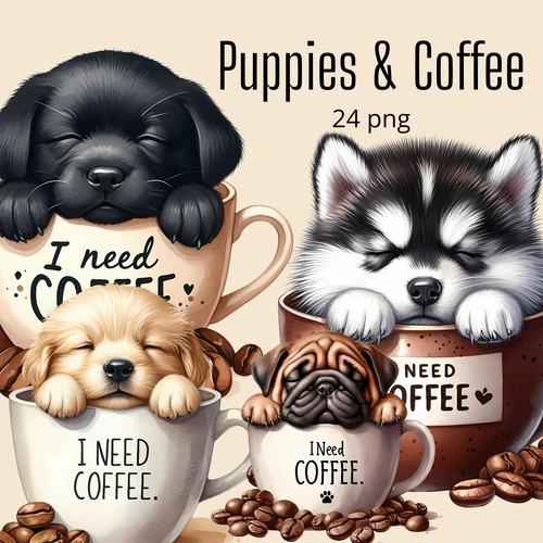 Kit Imagenes Png Clipart Cachorros Perros Y Taza De Café
