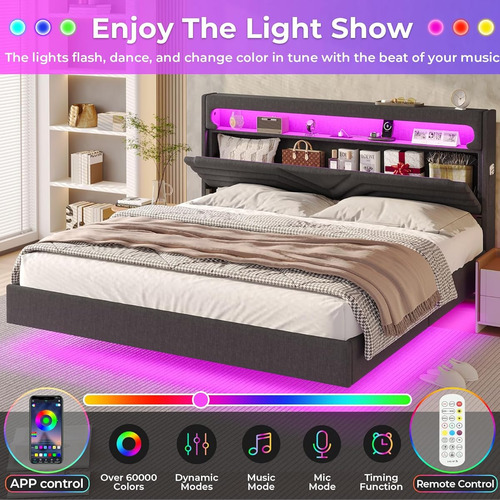 Base De Cama King Size C/ Cabecera Con Luz Led & Usb Grey
