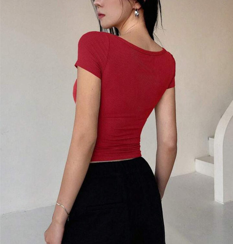 Blusa Mujer Ajustada Casual Moda Con Botones Manga Corta
