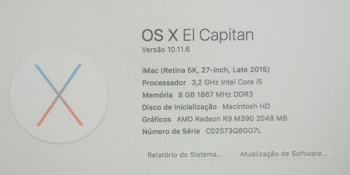 Computador iMac Original Apple- 27 8gb Memória, Modelo 2015