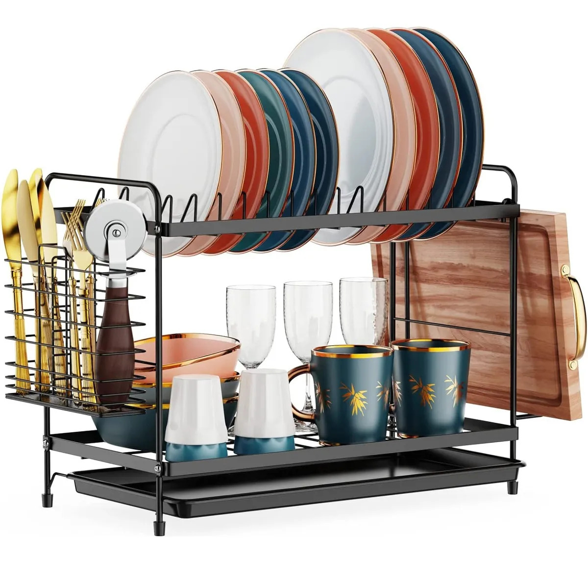 Orrailita Home Ecurridor De Platos De 2 Niveles De Acero Al Carbono Color Negro