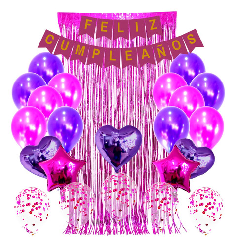 Pack Set Decoración Cotillón Inflable Color Fucsia Y Violeta